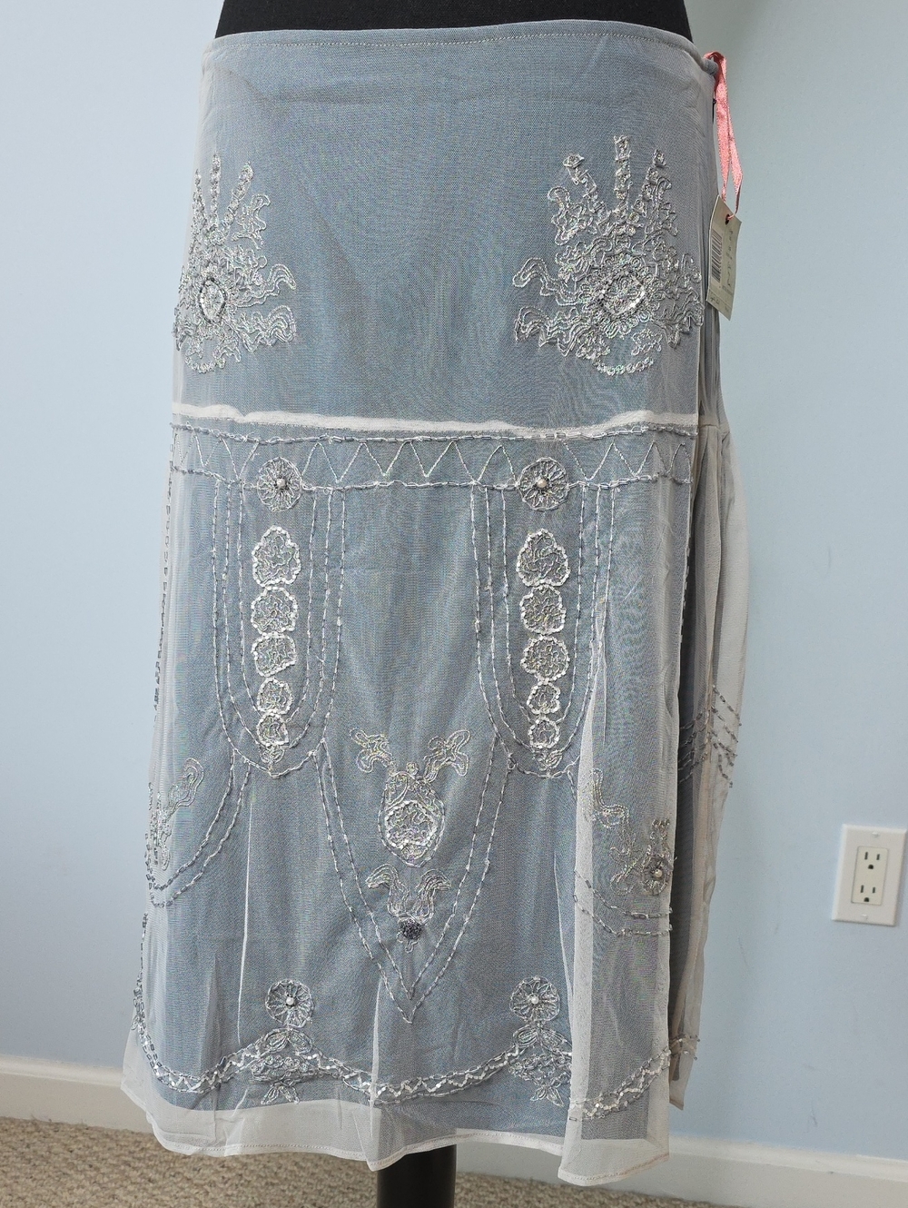 Embellished Grey Maxi Skirt with Sheer Overlay